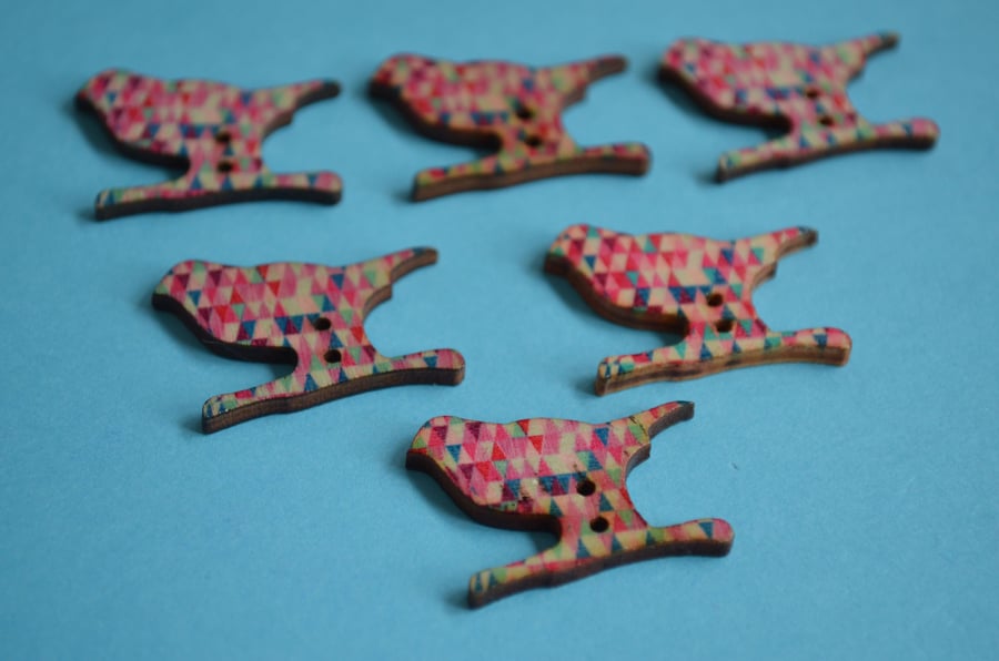 Wooden Bird Buttons Retro Pink Cream Purple Turquoise 6pk 30x20mm (BD6)