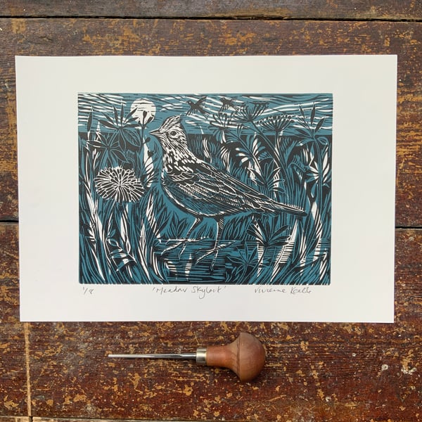 Skylark linocut print Handmade Nature Bird art Block print Handprinted Original 