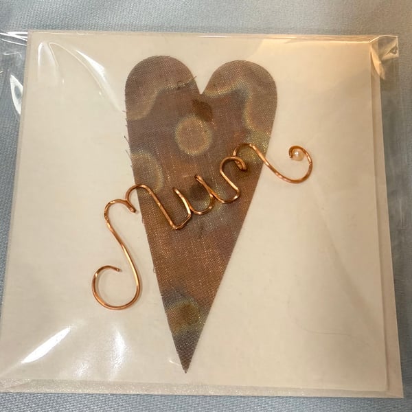 Mothers Day Card  - Wire written ‘Mum’ on Flame painted copper Heart