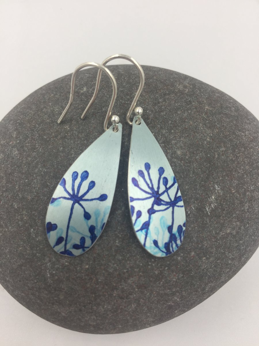 Light teal aluminium cow parsley drop earrings.