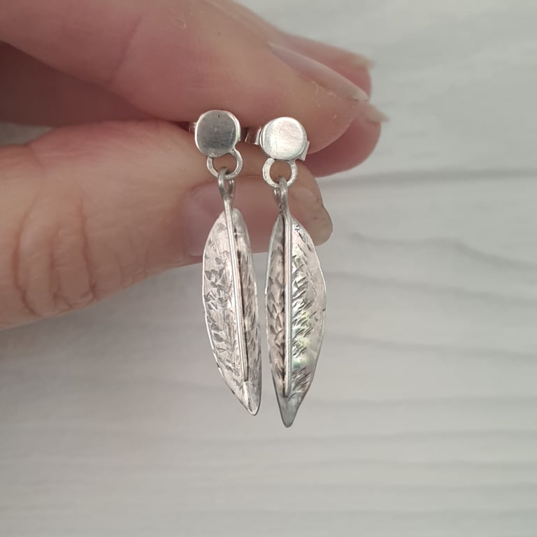 Silver leaf drop studs with rough hammered texture