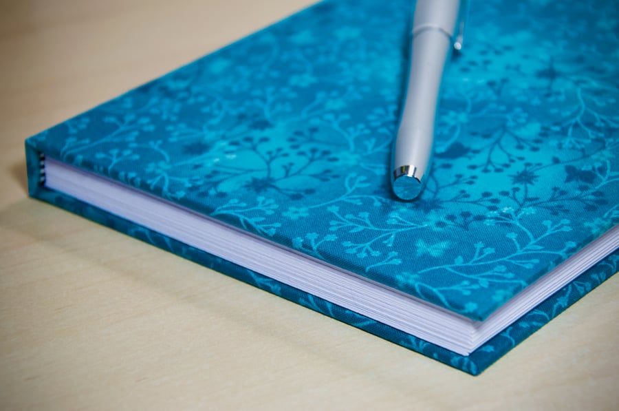 A5 Hardback Lined Notebook with full cloth turquoise flower cover