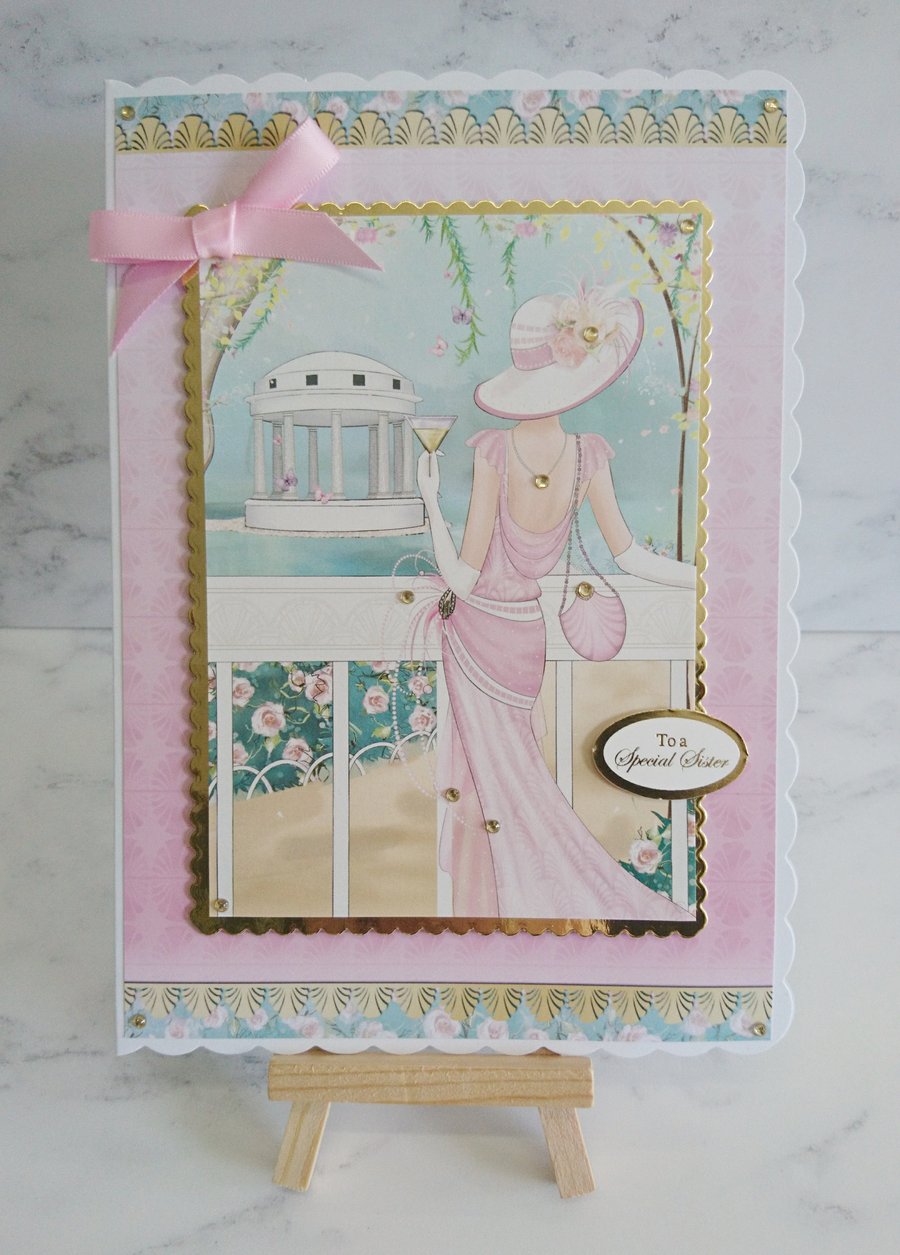 Special Sister Birthday Card Art Deco 1920s Glamorous Pink Lady 3D Handmade