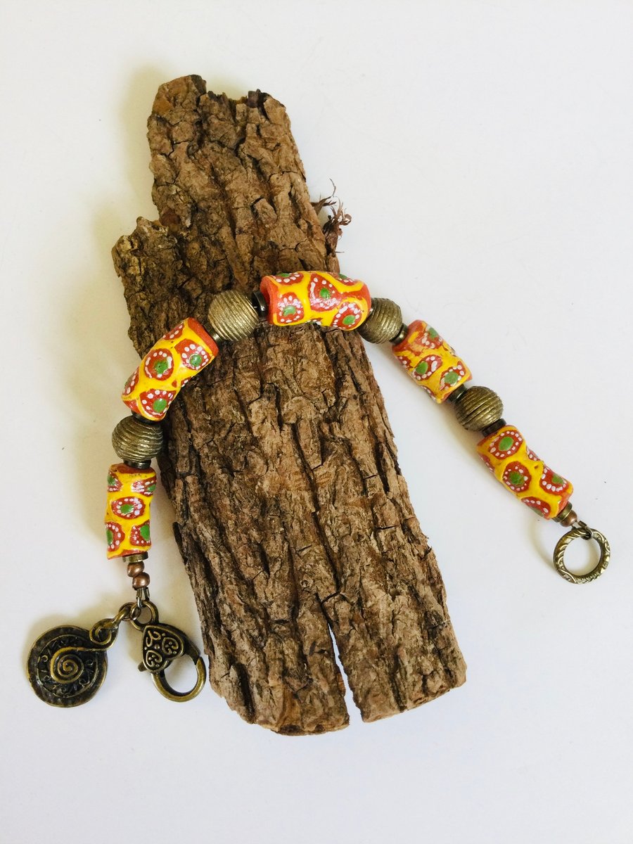 Mens or Womens colourful African trade bead and hand cast brass bead bracelet 