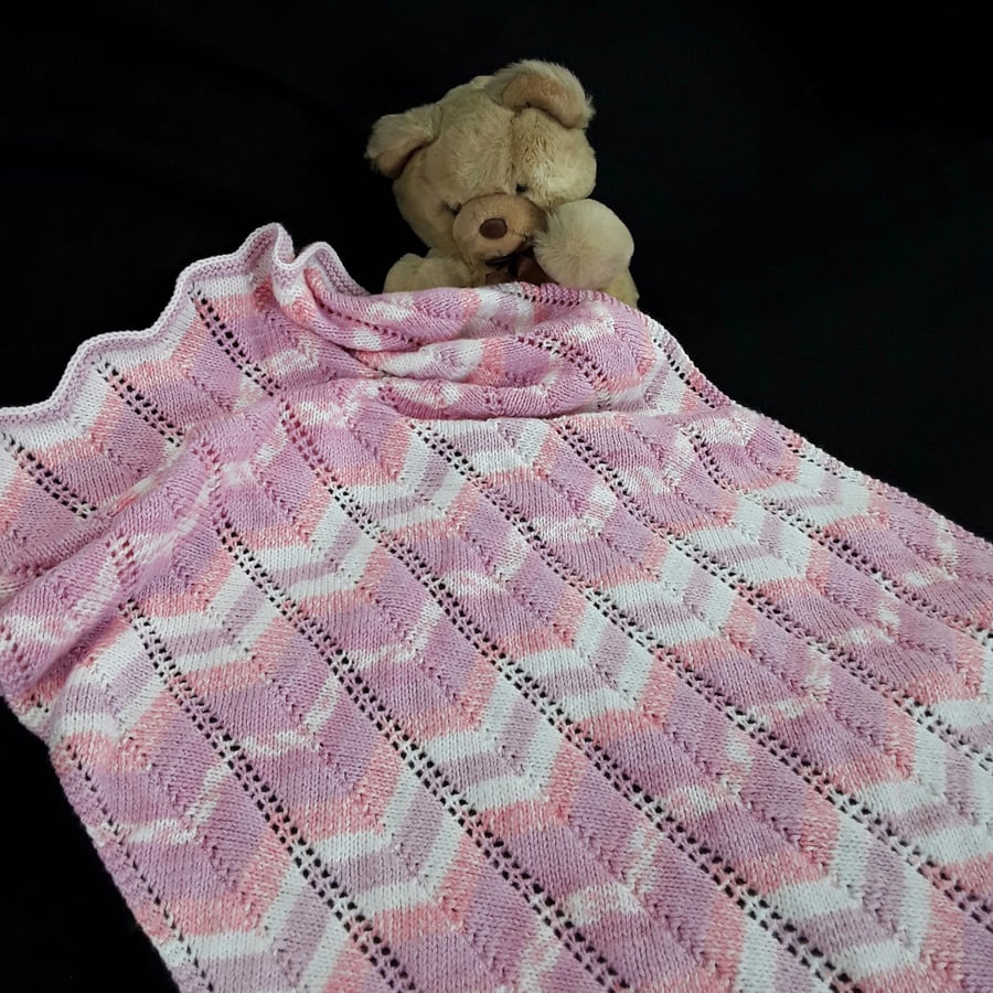 Baby pram blanket hand knitted in pinks and white Chevron Afghan Seconds Sunday 