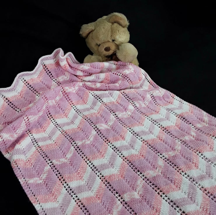 Baby pram blanket hand knitted in pinks and whi... Folksy