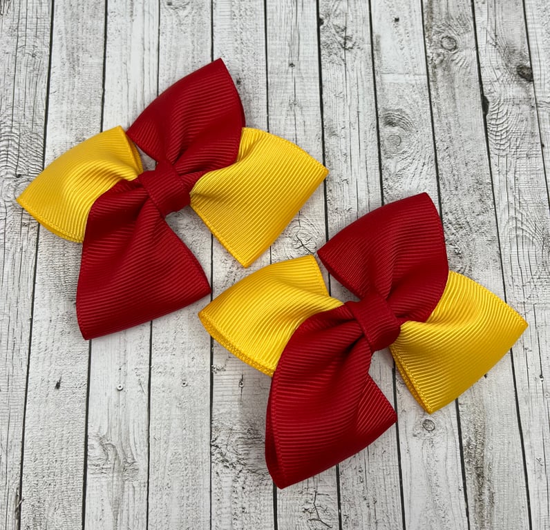School Red and Yellow Gold Square Double with Bows on Clips (pair)