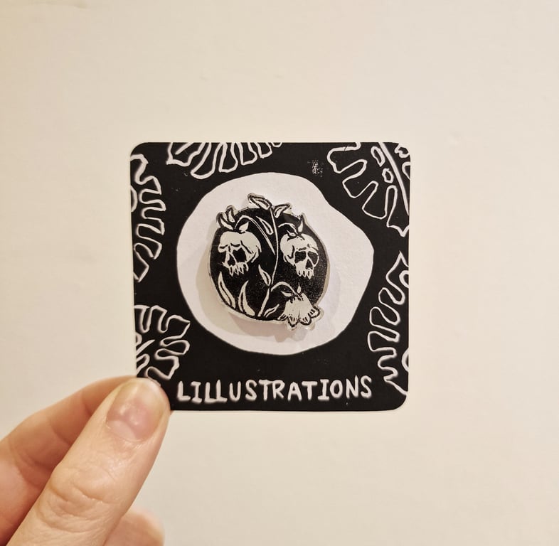 Lily of the Valley Skull Lino Printed Pin Badge
