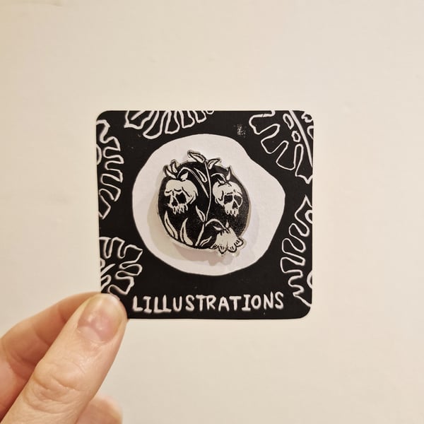 Lily of the Valley Skull Lino Printed Pin Badge