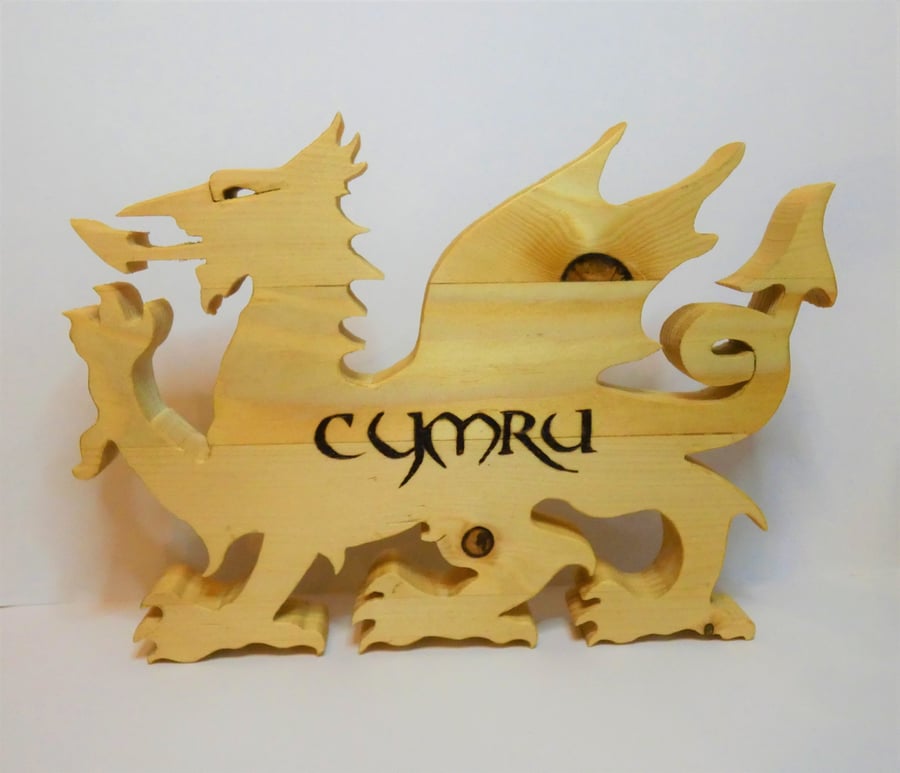 Unique Wooden Welsh Dragon Ornament with Cymru in Pyrography