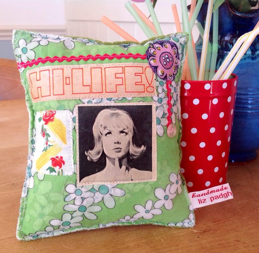 Vintage Stitched Paper and Fabric Mini Cushion