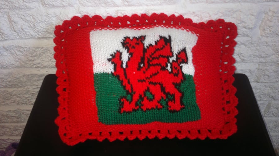 Made to order - Hand knit Welsh flag cushion