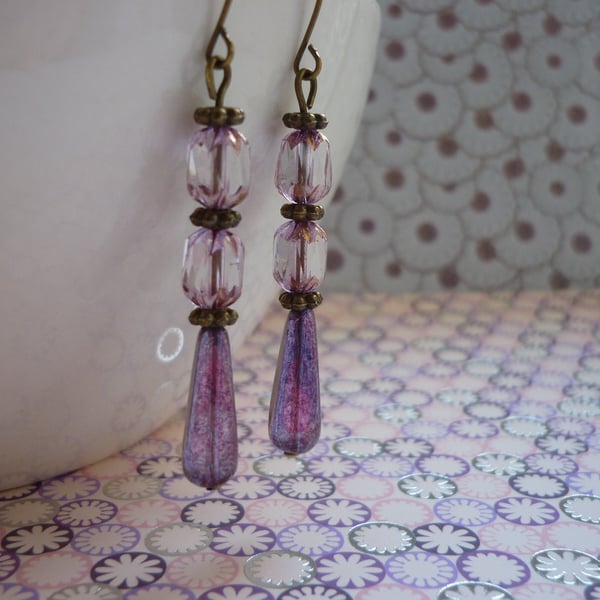 AMETHYST, COPPER AND ANTIQUE BRONZE DANGLE EARRINGS.  959