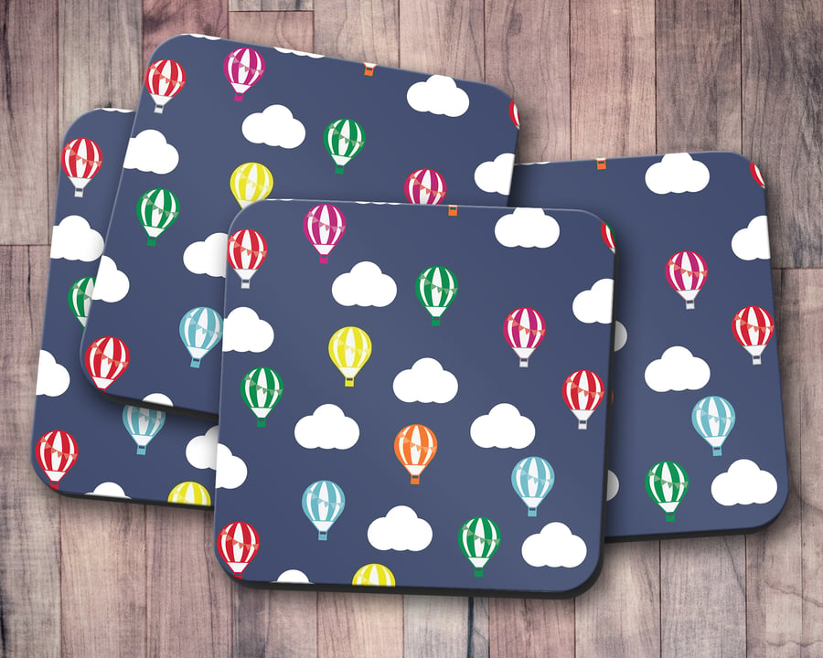 Set of 4 Blue with Multicoloured Hot Air Balloons Design Coasters