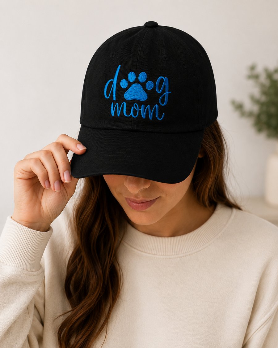 Dog Mom Embroidered Baseball Cap – Black with Blue Paw Prints