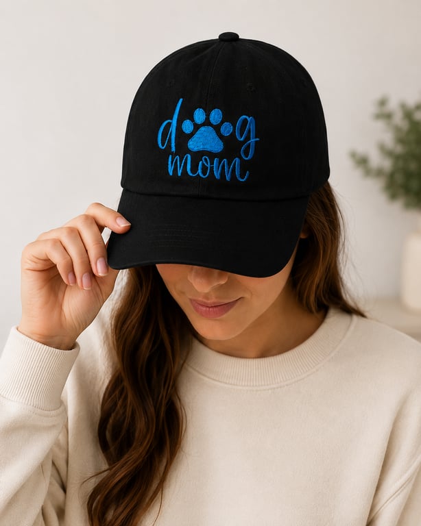Dog Mom Embroidered Baseball Cap – Black with Blue Paw Prints