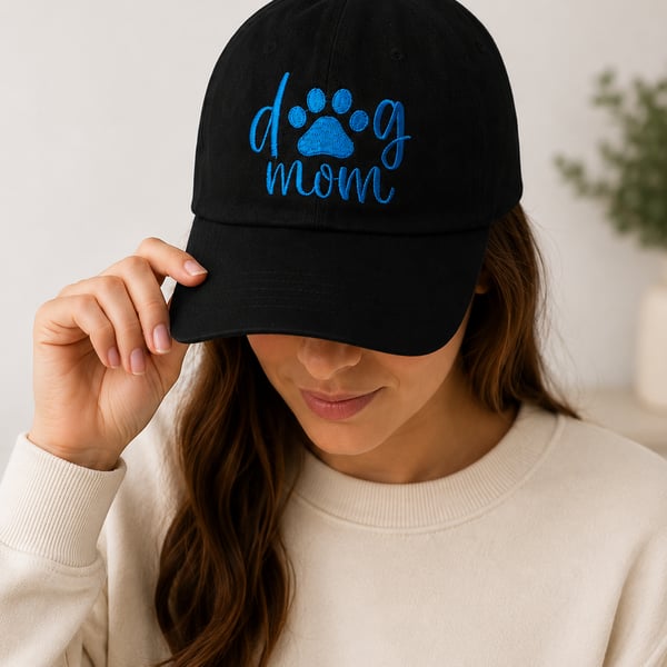 Dog Mom Embroidered Baseball Cap – Black with Blue Paw Prints