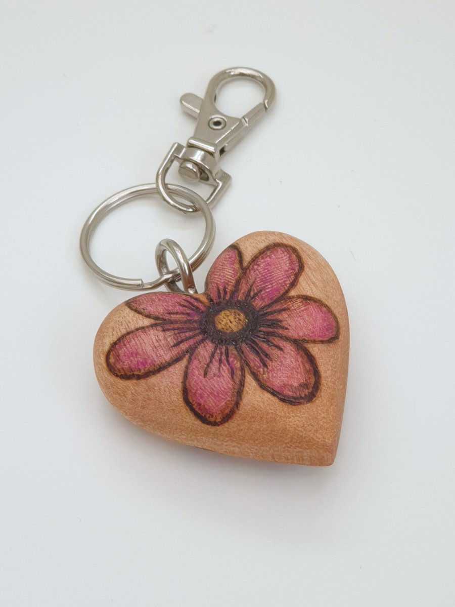 Wooden heart keyring, pyrography flower bagcharm, gift for her