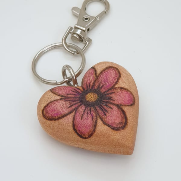 Wooden heart keyring, pyrography flower bagcharm, gift for her