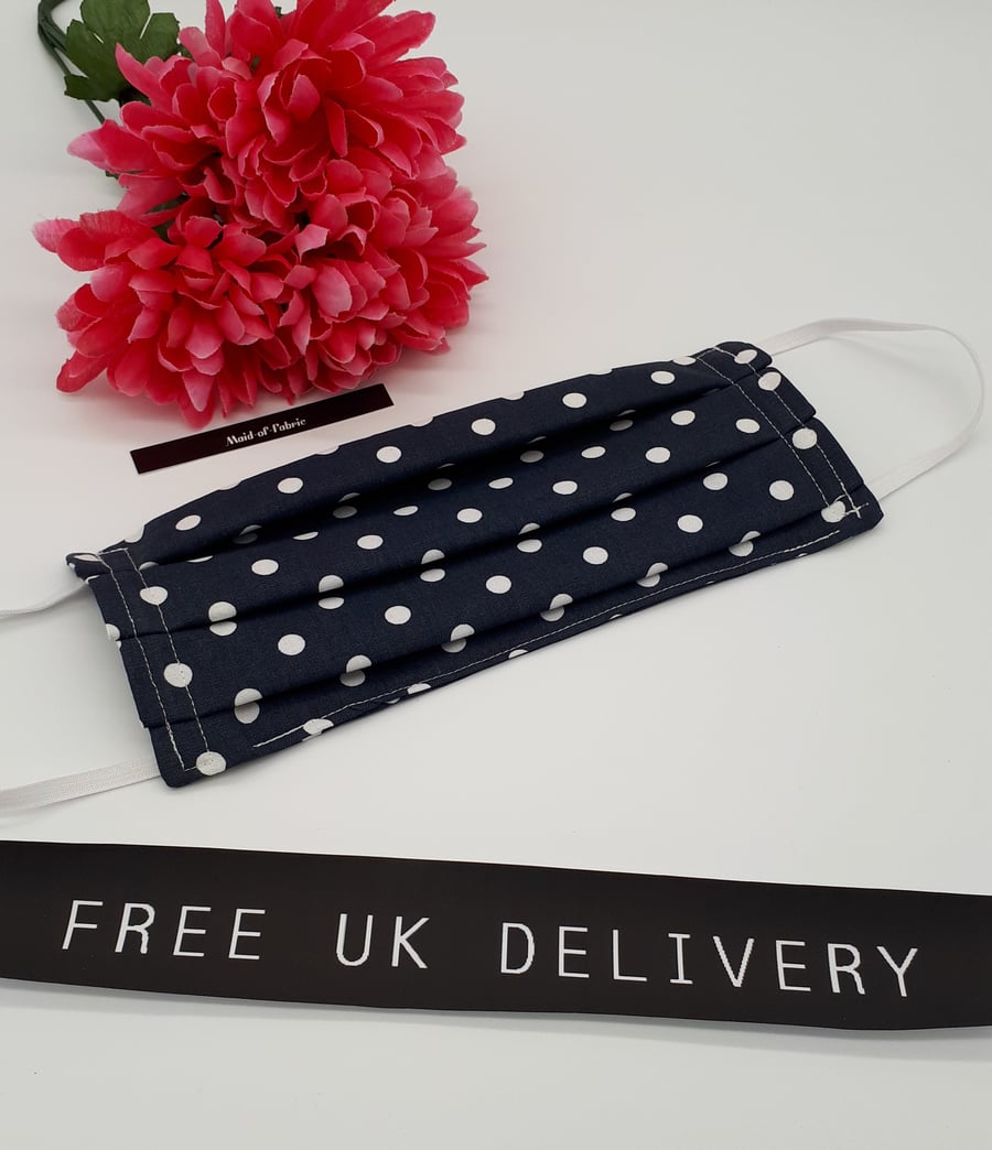 Face mask,  large, 3 layer,  machine washable in navy polkadot 