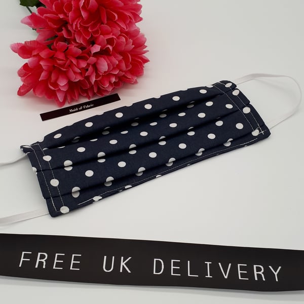 Face mask,  large, 3 layer,  machine washable in navy polkadot 