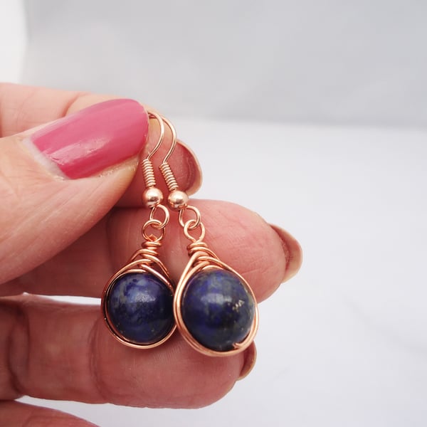 Lapis Lazuli Earrings, Wire Wrapped Lapis Lazuli Earrings, Herringbone Earrings