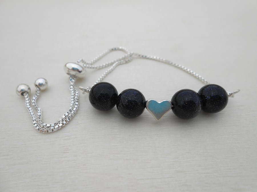 Blue goldstone & heart slider bracelet in silver plate, adjusts from 6 - 8"