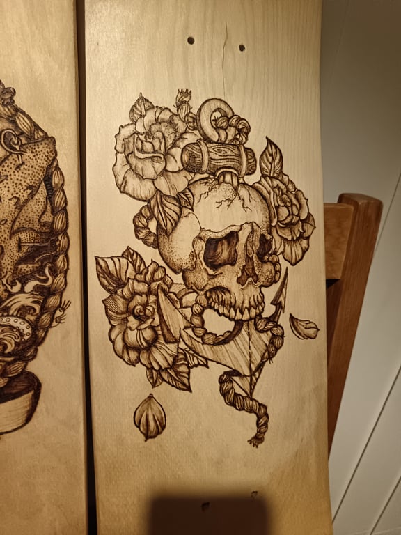 Hand Burned Koi Karp Fish Pyrography Skateboard - Original Wood Art Deck