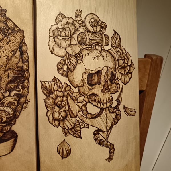 Hand Burned Koi Karp Fish Pyrography Skateboard - Original Wood Art Deck