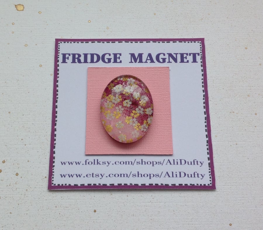 FRIDGE MAGNET . Oval . Pink with white  flowers . Yuzen . Japanese design .