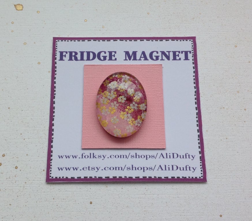 FRIDGE MAGNET . Oval . Pink with white  flowers . Yuzen . Japanese design .
