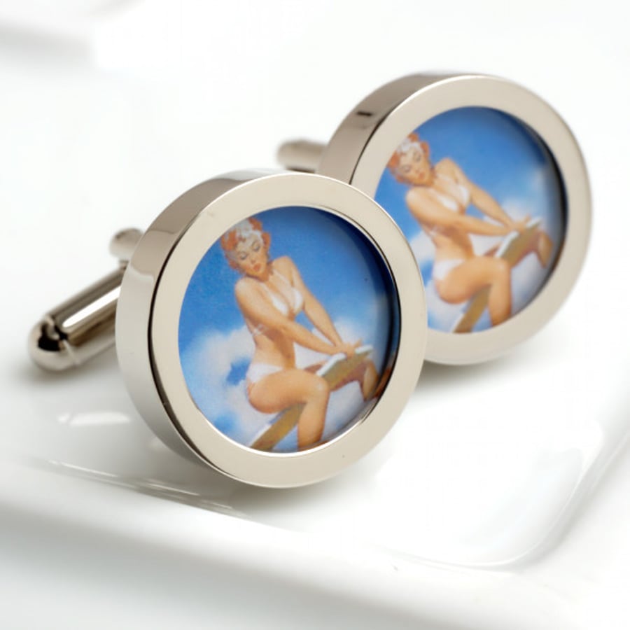  Vintage Swimming Pin Up Cufflinks of Woman in a White Bikini