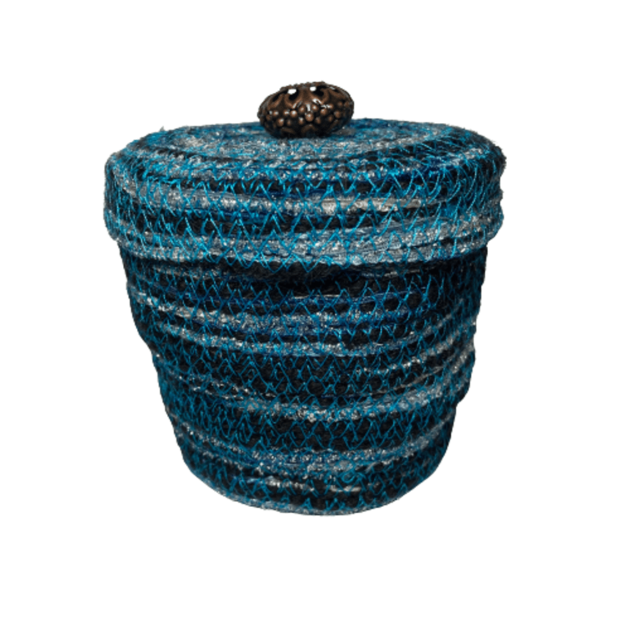 Textile lidded vessel, braided cord in blue, silver and black, rope bowl
