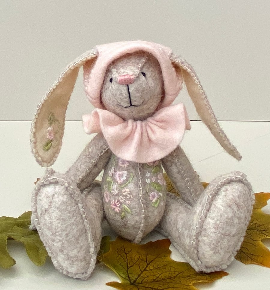 Bunny, hand embroidered rabbit, one of a kind collectable, artist animal doll 