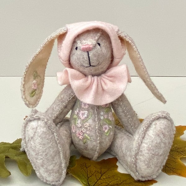 Bunny, hand embroidered rabbit, one of a kind collectable, artist animal doll 