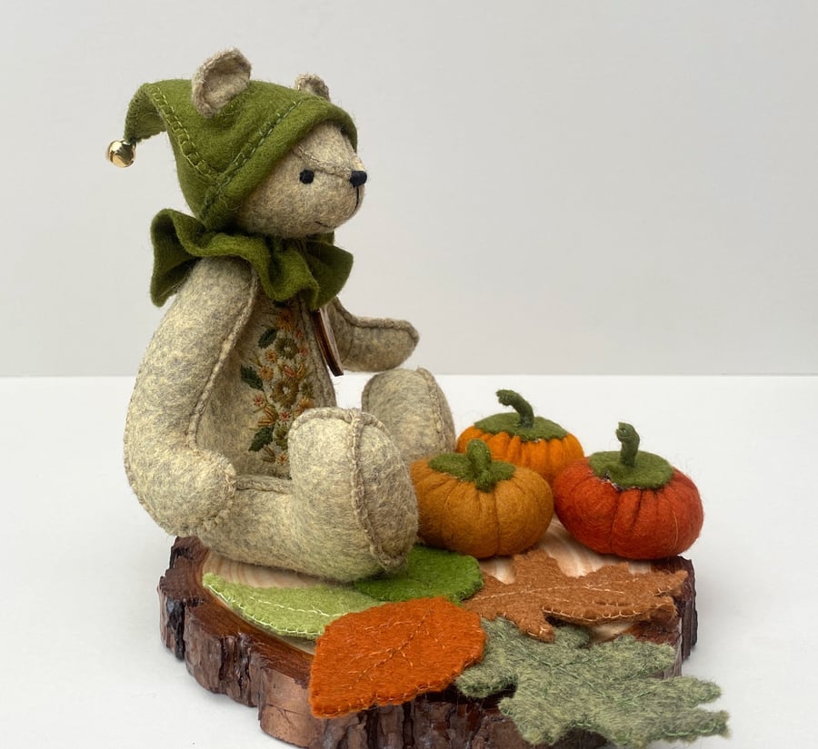 Woodland elf collectable teddy bear, Autumn themed display artist bear