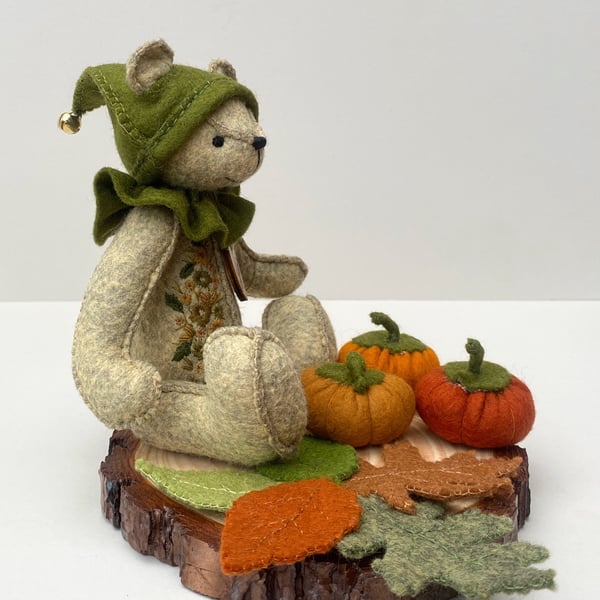 Woodland elf collectable teddy bear, Autumn themed display artist bear