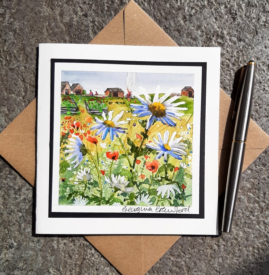 Blank Card. Handpainted Watercolour of Wildflowers at the edge of the allotment