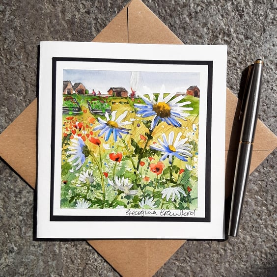 Blank Card. Handpainted Watercolour of Wildflowers at the edge of the allotment