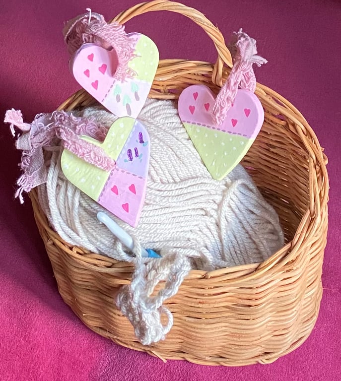 Patchwork, Hearts - hand painted hanging decorations (set of three)