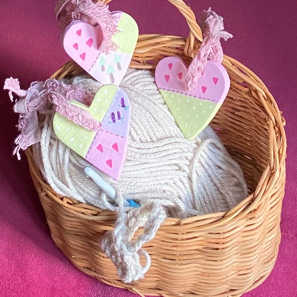 Patchwork, Hearts - hand painted hanging decorations (set of three)
