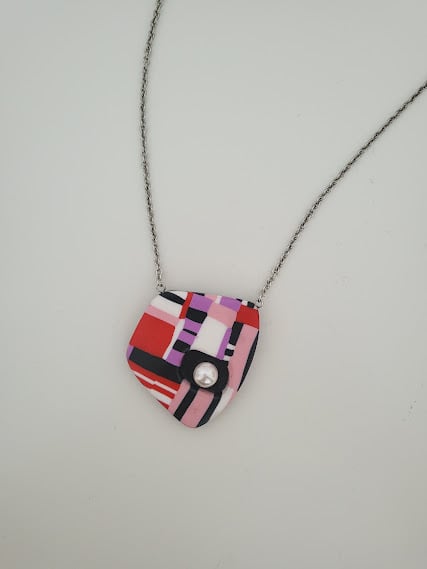Handmade polymer clay necklace with pearl - Urban Plaid Pearl