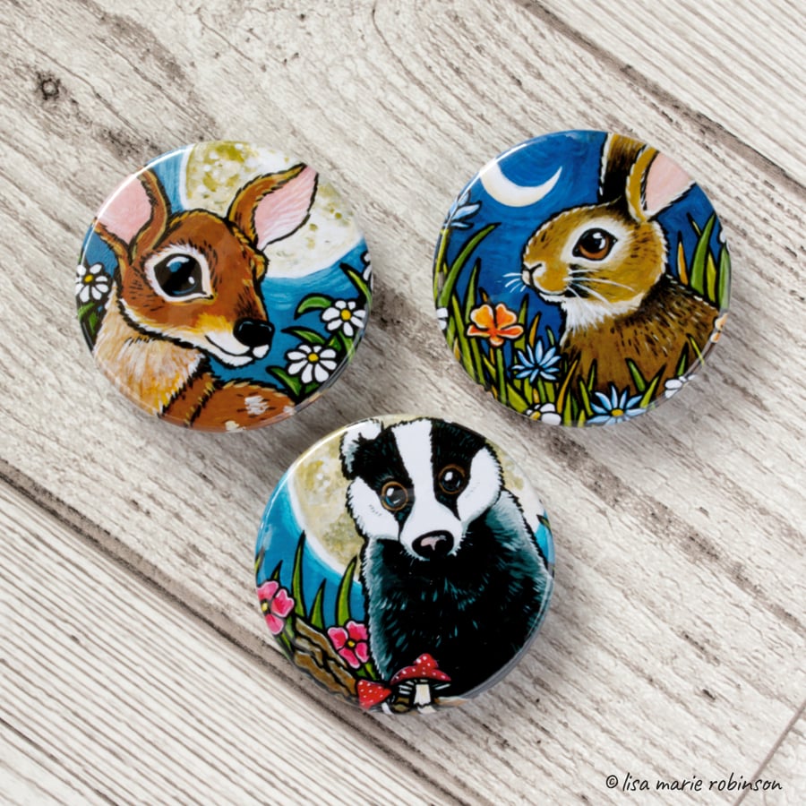 British Wildlife 38mm Three Badge Set - Badger Deer Rabbit