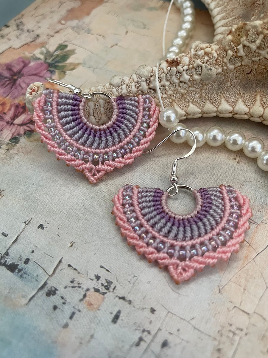 Boho hippie beaded macrame woven dangle drop fan earrings, yoga , free spirit