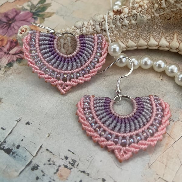 Boho hippie beaded macrame woven dangle drop fan earrings, yoga , free spirit