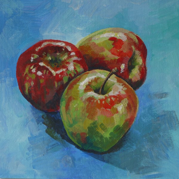 Acrylic Painting of Three Beautiful Red and Green Apples