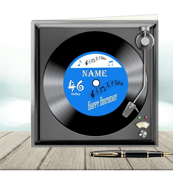 Personalised Vinyl Record on turntable birthday card with blue label 