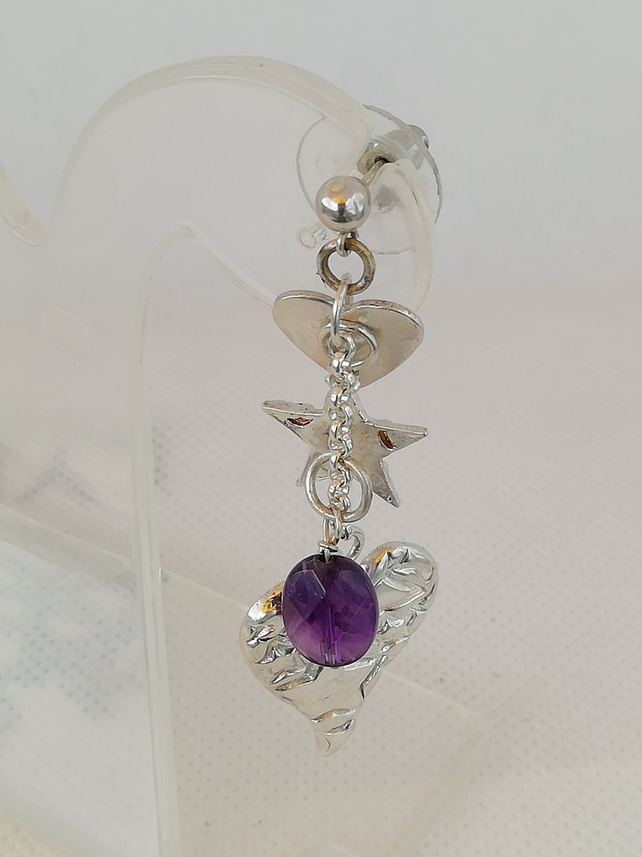 Sterling Silver Asymmetrical Drop Earrings with stars and hearts and amethysts