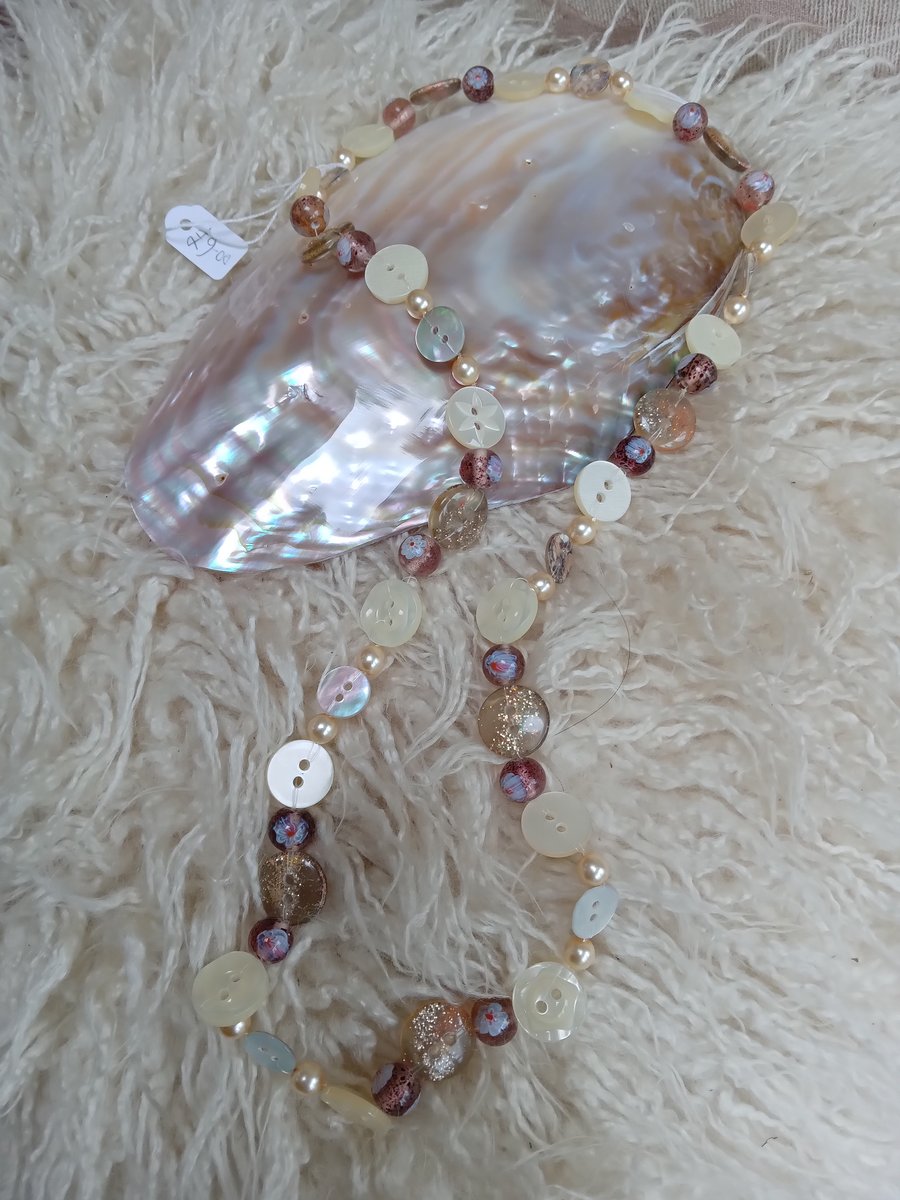 Hand-made neutral button & bead wacky overhead NECKLACE for fans of needlecrafts