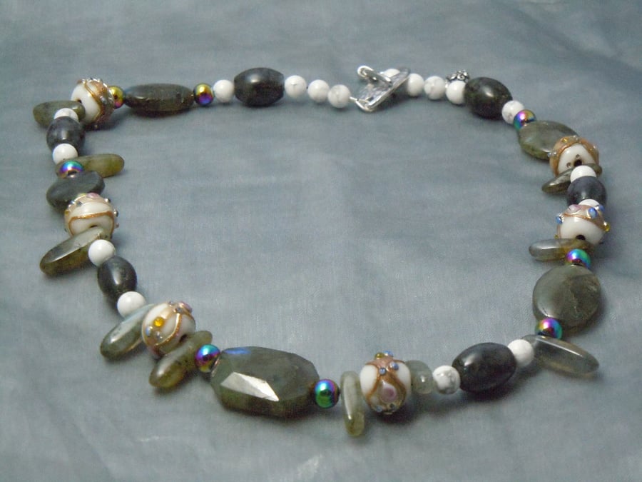 Labradorite, Hematite & Howlite bead necklace with artisan Lampwork beads